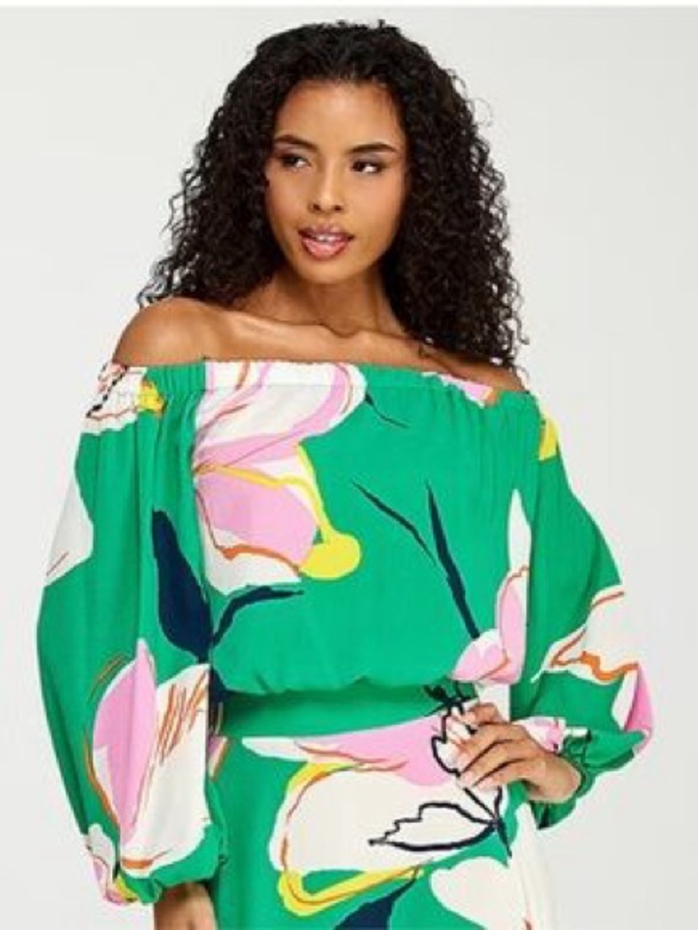 Premier Amour Green & Pink Off-Shoulder Floral Blouse